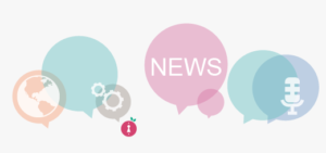 Ilustración de bocadillos de colores con la palabra News, un micrófono, un globo terráqueo y engranajes