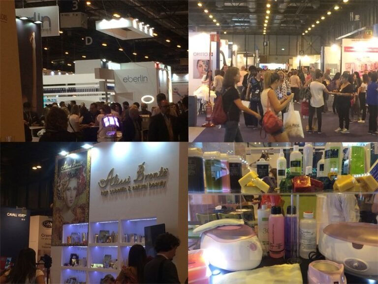 Collage de estands de cosmética de la feria con público, expositores y aparatos de estética