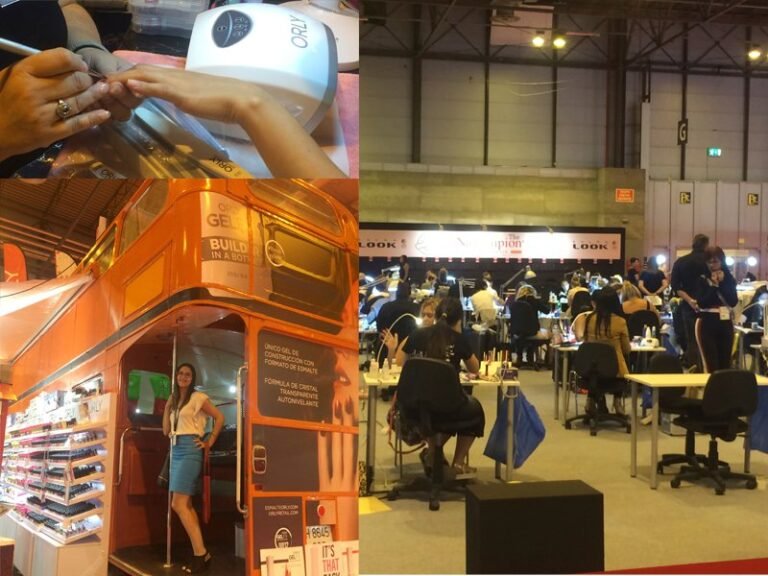 Collage de la feria con una manicura bajo lámpara UV, un autobús rojo de Orly y mesas de trabajo