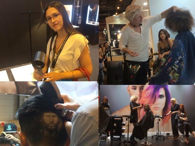 Collage de una feria de peluquería con secadores, demostraciones en directo y un corte con dibujo