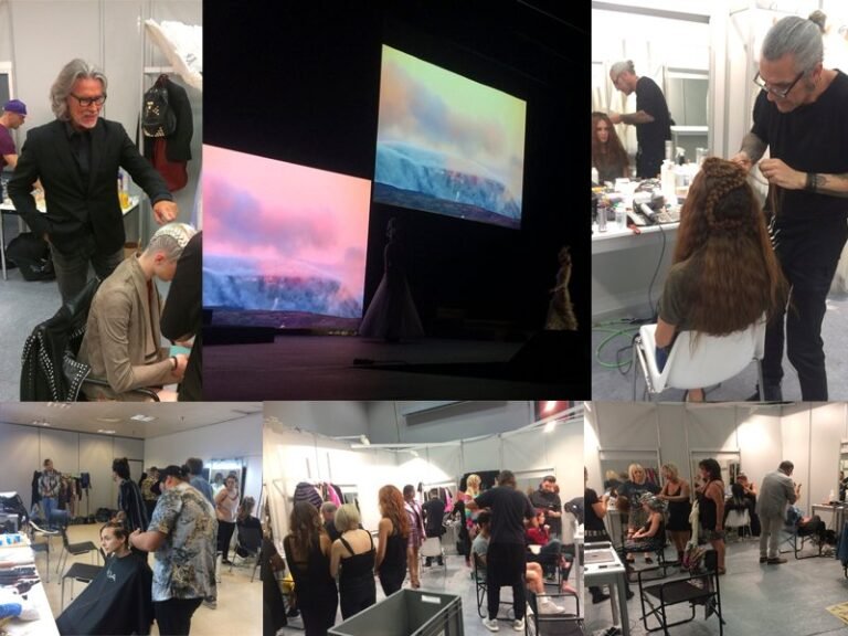 Collage del backstage de Salón Look con estilistas peinando modelos y una pasarela con pantallas